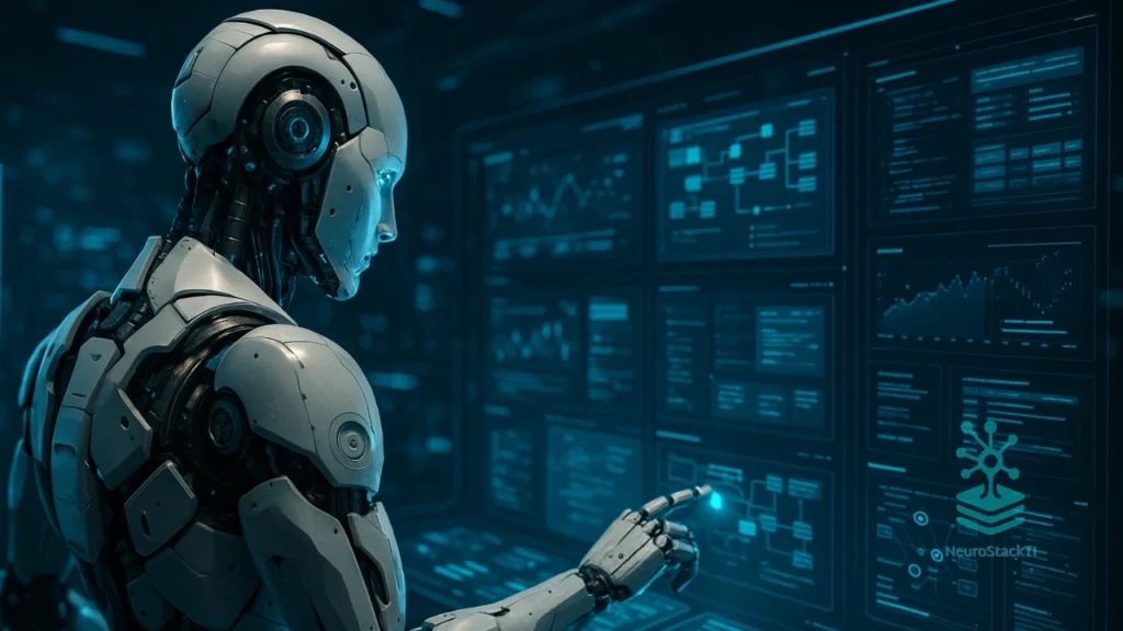 Robô operando painel digital com fluxos de automação e inteligência artificial - agentes autônomos