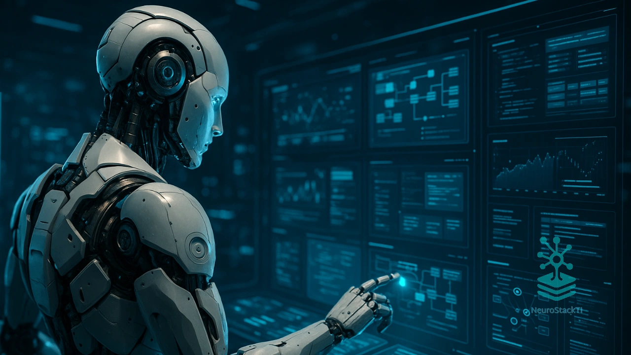 Robô operando painel digital com fluxos de automação e inteligência artificial - agentes autônomos