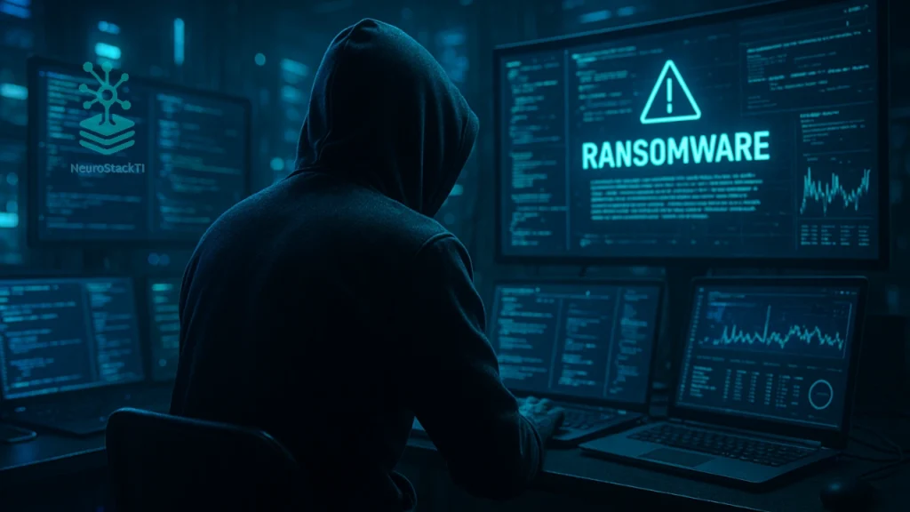 Hacker operando ransomware em ambiente cibernético