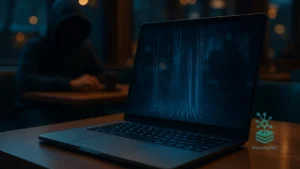 Laptop em cafeteria conectado a wi-fi público com fluxo de dados visível