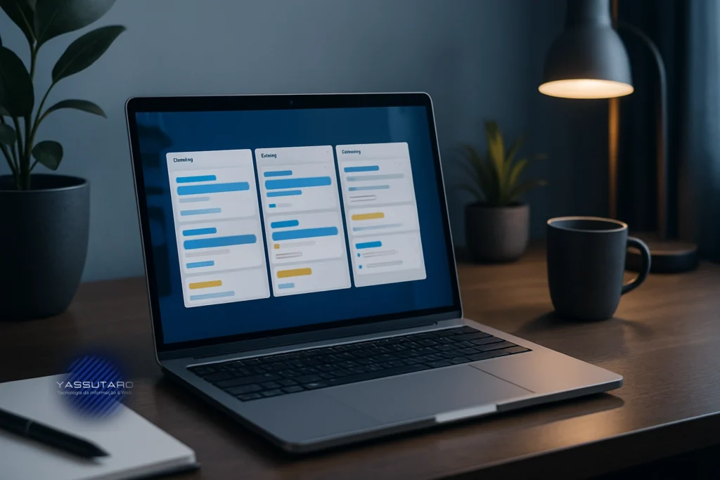Quadro Trello exibido na tela de um notebook em ambiente organizado