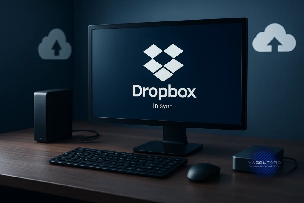 Dropbox em modo de sincronização exibido em um computador, backup automático e compartilhamento seguro